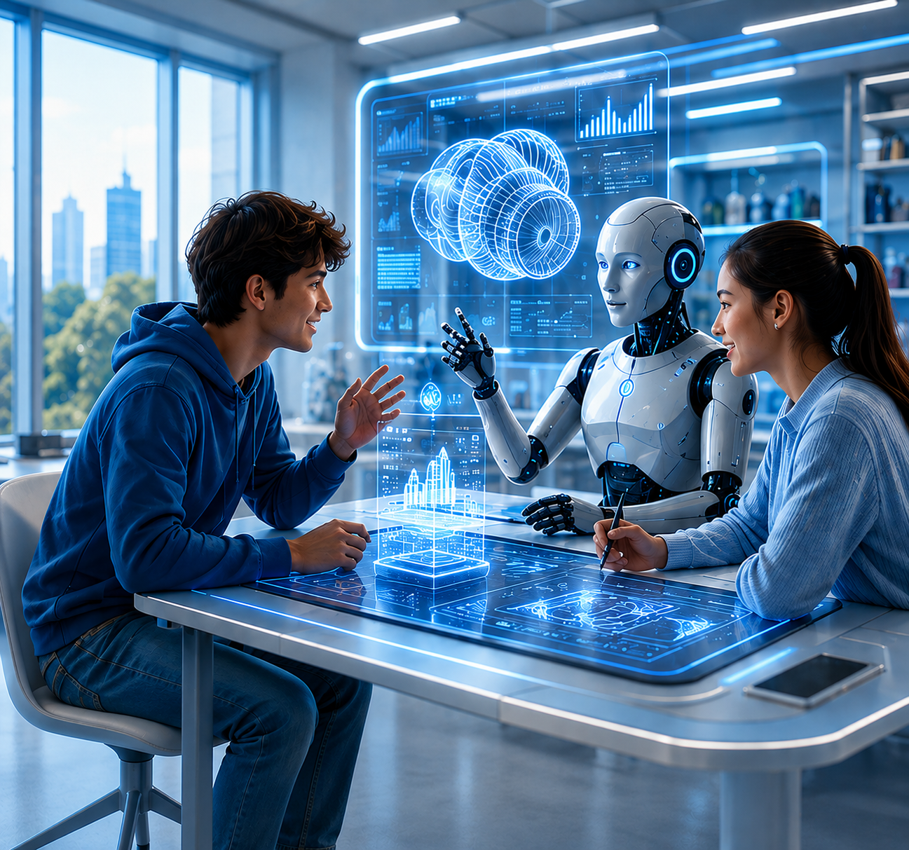 Two engineers collaborating with an AI teammate in a futuristic engineering workspace